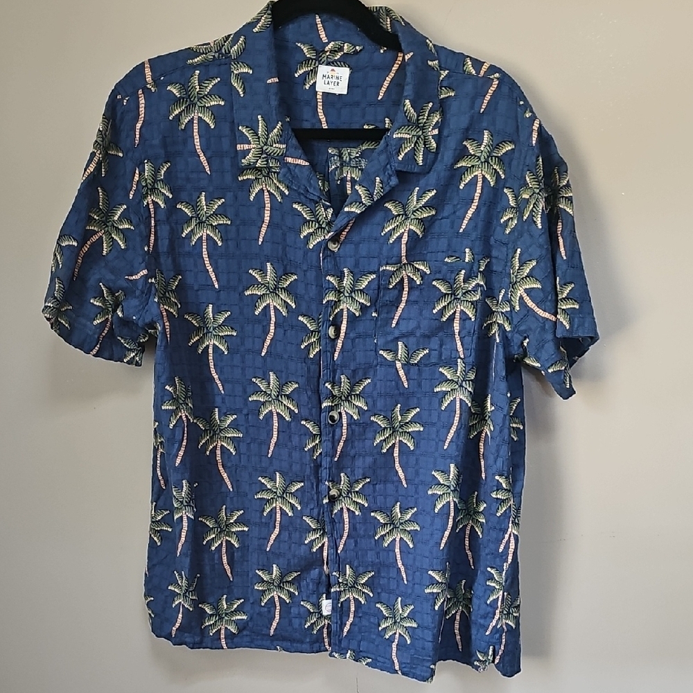 Marine Layer Blue Palm-Print Short-Sleeve Button-Down Shirt